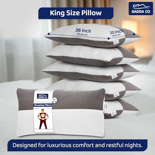 Image of GADDA CO Hollow Fiber King Size Sleeping Pillows, Set of 6 -Soft & Fluffy, Height Adjustable, Microfiber Fill, Hotel-Like Comfort, Cloud-Like Sleep, Neck & Shoulder Support, 36 x 20 Inch, White & Grey