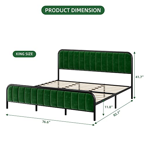 Senfot King Bed Frame Modern Heavy Duty Velvet Upholstered Platform With Dense Sponge Headboard No Box Spring Needed In Green And Black #TOP1