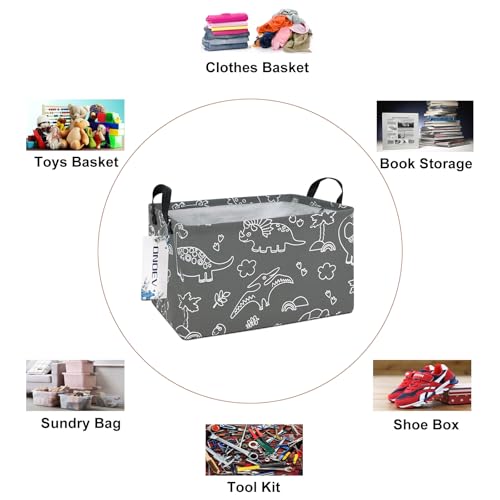 Image of Rectangular Line Dinosaur Laundry Storage Bin for Adults and Kids | Damp resistant canvas fabric, sturdy stitched carry handles, foldable design organizes closet and playroom daily supplies