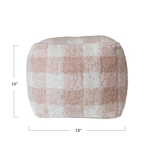 Creative Co-Op Cotton Tufted Pouf with Plaid Pattern, Blush and Cream
