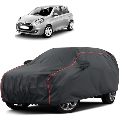 Image of Sulfar 100% Water Resistant Car Body Cover Compatible with Mirror for Renault Pulse (Triple Stitched, Full Bottom Elastic, Dark Grey Taffeta with Red Piping)