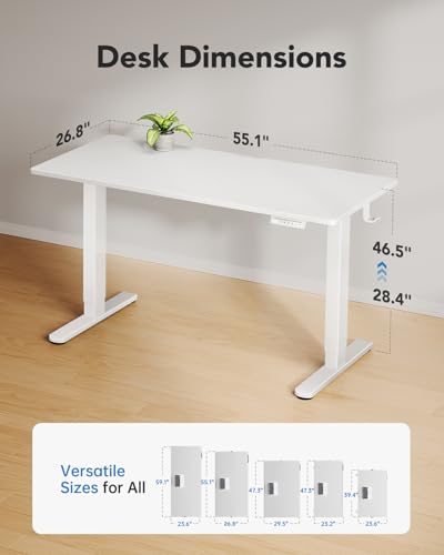 Image of HUANUO Electric Standing Desk, Whole Piece Desktop, Adjustable Height Computer Desk, 4 Height Memory Settings, Sit Stand Up Desk for Home Office, 55 inch x 27 inch, White