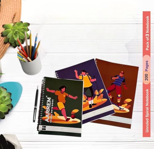 Image of Sprial Notebook | Ragister A4 size (200 pages each) UNRULED Set of 3 notebook WHITE BLANK 3 wire bound booklet | Pior white 70 GSM Paper | Soft Cover Spiral Bound | Studends use