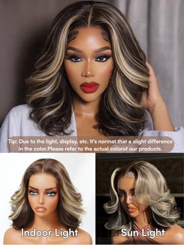 Image of Beauty Forever Bob Wig Human Hair Dark Brown with Honey Blonde Highlights 13x4 HD Lace Glueless Wig,Layered Wavy Short Bob with Drawstring,Pre Cut Plucked Bye Bye Knots,150% Density Ready to Go 10inch
