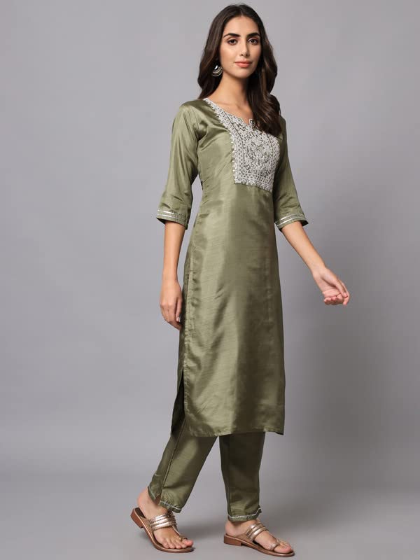 Image of VredeVogel Women's Chanderi Modal Butti Flare Kurta with Pant & Embroidered Chanderi Dupatta Set