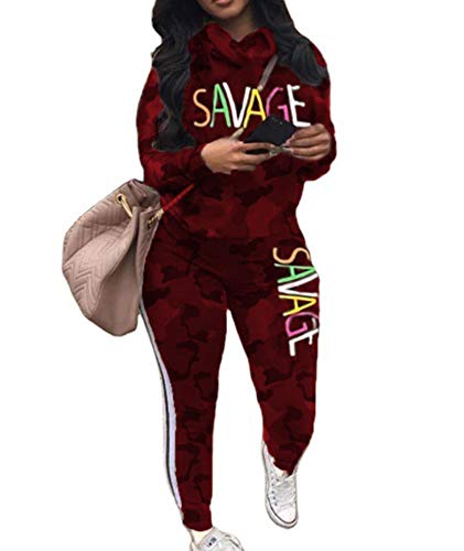 HAHAEMMA Survêtement 2 pièces pour femme - Imprimé camouflage - Ensemble de vêtements - Sweatshirt - Tops - Pantalon long - Sport - Plus grande taille - Rouge - M Cover