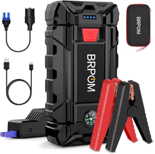 BRPOM Arrancador de Coches, 9000A 26800mAh Arrancador de Baterias de Coche 12V(para 10.0L de Gasolina o 8.0L de Diésel), Jump Starter con Carga Rápida QC3.0, Espera Larga