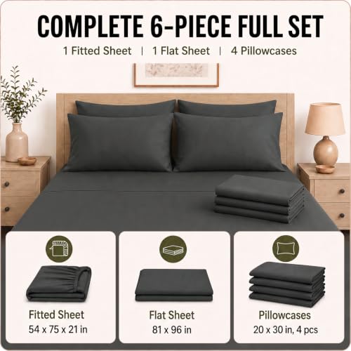 Image of CozyLux 6-Piece Full Size Bed Sheets, Fits 18-21 Inch Mattresses, Oeko-TEX | 4 Pillowcases, 1 Flat Sheet and 1 Fitted Sheet with All-Around Elastic and 21-Inch Deep Pocket for a Secure Fit, Dark Grey
