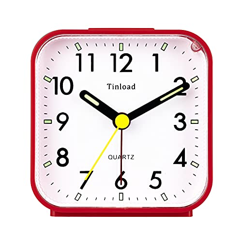 Tinload Small Battery Operated Analog Alarm Clock Silent Non Ticking, Ascending Beep Sounds, Snooze,Light Functions (red)