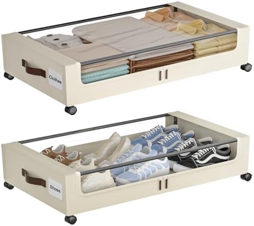 Under Bed Storage with Wheels,XXL 60L Under Bed Storage Containers with Clear Lids, Rolling Under Bed Metal Drawer for Clothes, Shoes,Toys (White, 2 Pack)