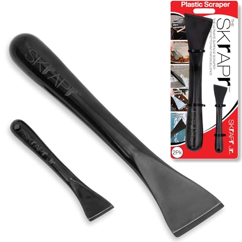 THE SKrAPr Plastic Scraper Tool 2 Pack Non-Scratch 1.7 Inch Wide Blade Long Ergonomic Handle Heat Resistant (460F) Dishwasher Safe - Clean Ovens Countertops Hard Floors Walls and Windows
