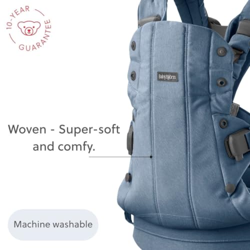 Image of BabyBjorn Baby Carrier Harmony, Woven melange, Blue | 3-in-1 Ergonomic Baby Carrier; Newborn, Facing-in, Outward-Facing, and Back Carrying Positions Supported (7-40 lbs), Newborn to Toddler