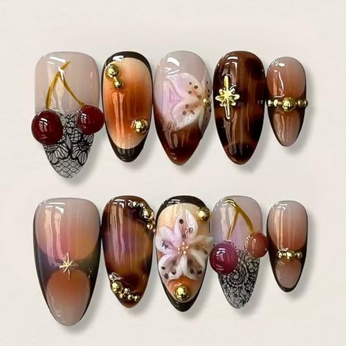 Handmade Almond Press on Nails Medium Length Fake Nails with Design 3D Cherry Charms Brown French Tip Acrylic Nails Artificial Stick on False Nails for Women 24 Pcs Fall Manicure