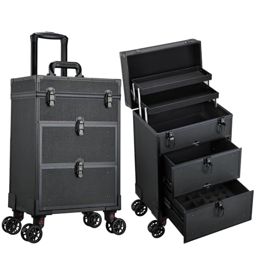 Yueieoun Rolling Makeup Train Case with 2 Large Drawers Cosmetology Case on Wheels Nail Carts...
