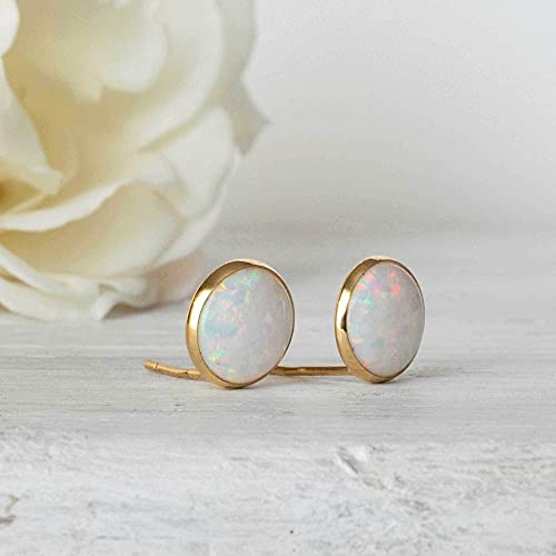14K Gold White Opal Stud Earrings - 14K Solid Yellow Gold Studs, Dainty 8mm October Birthstone Medium Size Opal Jewelry, Simple Handmade Gift for Classy Women4