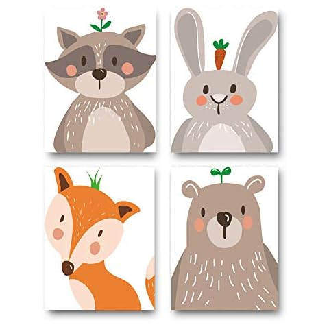 Set of 4 Nursery Baby Room Poster Pictures DIN A4 | Girl Boy Decoration | Nursery Decoration | Forest Animals Safari Scandinavian (Bear, Rabbit, Fox) White Base Cover