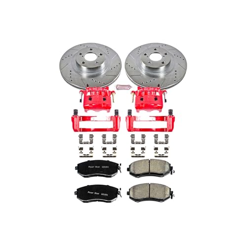 Image of PowerStop Front Brake Kit for Subaru Crosstrek 2016-17 |Forester 2011-18 |Impreza 2011-14 - Carbon-Fiber Ceramic Brake Pads + Drilled & Slotted Rotors + Red Powder Coated Calipers, KC6082