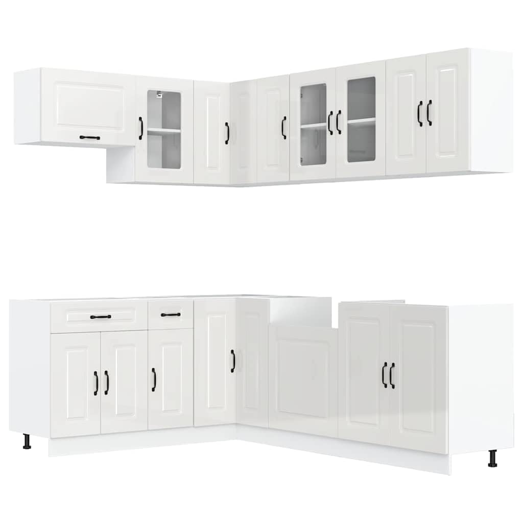 Kalmar - Set di mobili da cucina da 11 pezzi, elegante angolo e pensili, mobili da cucina modulari in legno per molto spazio, bianco lucido