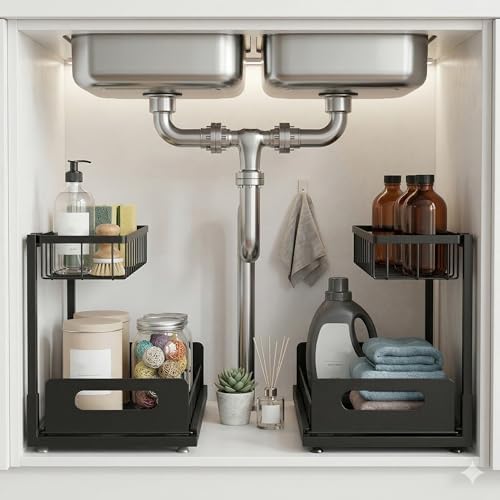 Sturdy Metal Under Sink Organizer 2 Tier, Pull Out Drawer Slides ...
