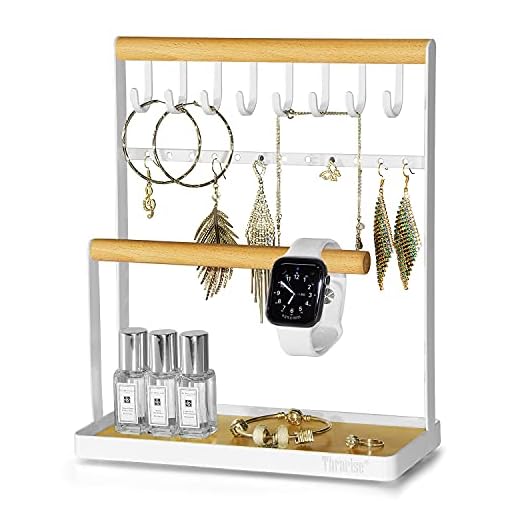 Soporte para joyas,soporte de pendientes con bandeja de madera,Organizador de Joyería,colgador collares, metal y madera, Regalo para niñas y mujeres,color blanco