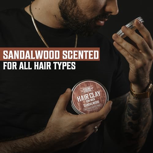 Image of Viking Revolution Sandalwood Hair Clay for Men - Matte Finish Mens Hair Clay - Texturizing Clay Hair Product Men with Jojoba and Vitamin E - Clay Pomade for Men Effortless Hair Styling Cream (2 oz)