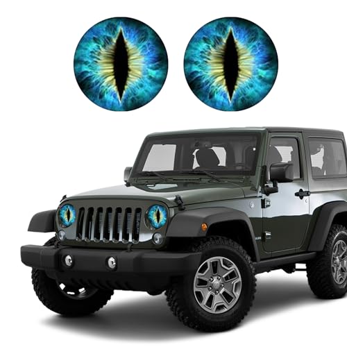 PACLVIO 2PCS Beast Eyes Headlight Decals 3D Stereo Eyes Headlight Decal Stickers Car Body Window Bumper Decoration Stickers Car Accessories Round Headlight Decal for Jeep Wrangler (Blue)