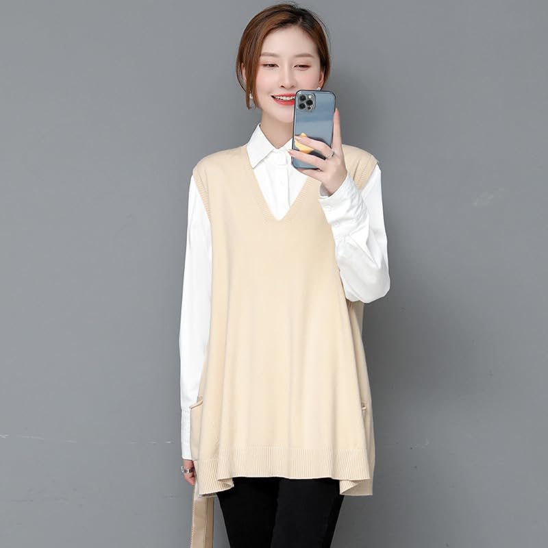 Image of jinghuiyue Women's Oversized Sweater Vest Fall V Neck Sleeveless Pullover Sweater Loose Knitted Tunic Tops with Pockets