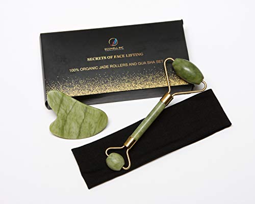 Face Roller Jade and Gua Sha Tools Set with black headband-100% Jade Stone Facial Roller, Eye Treatment Roller, Jade Roller for Face, Face Massager for Wrinkles, and Natural Anti-Aging (Green).