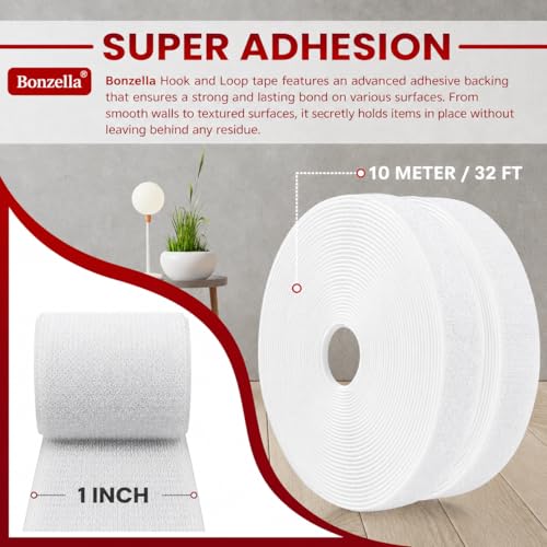 Image of BONZELLA Self Adhesive Hook and Loop Tape, Mosquito Net Mounting Tape for Office use, Photo Frames, Multipurpose Double Sided Adhesive Hook Loop Tape for Crafting & Wall Hanging, White (10M x 25mm)