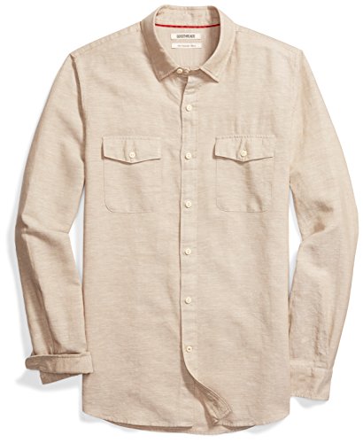 Amazon Brand - Goodthreads Men's Slim-Fit Long-Sleeve Linen and Cotton Blend Shirt, Khaki, Large