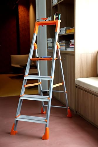Image of Amazon Basics Clamber Pro+ - Foldable Step Ladder with Tool Tray, Firm Grip, 4 Steps (Aluminium Steps, Orange & Satin)