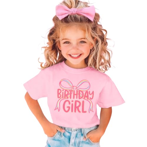 MULOIUDZ Bow Birthday Girl Shirts Kid Toddler Girls B-Day T-Shirt Birthday Outfits Gifts Party Tees Short Sleeve Tops 1-8Y(Pink 6-7Y)