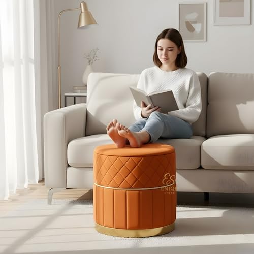 Image of Set of 2 Round Velvet Ottoman Footstool Gold Base - Tufted Upholstered Pouffe Stool for Living Room, Bedroom & Dressing Area (Orange)