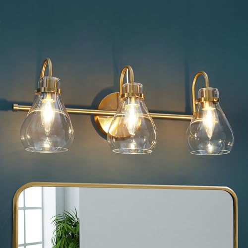 GEPOW Gold Bathroom Light Fixture, 3-Light Modern Electroplated Brass Vanity Light with Clear Glass Shade