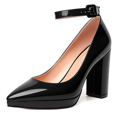 MERRORI Womens Platform Evening Dress Buckle Solid Patent Pointed Toe Ankle Strap Chunky High Heel Pumps Shoes 4 Inch