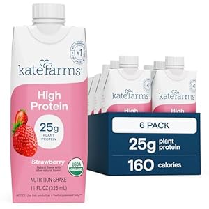 KATE FARMS Organic High Protein Strawberry Nutrition Shake, 25g Protein, 6g Fiber, 27 Vitamins and Minerals, 0g Sugar, Protein Drink, 11 oz (6 Pack)