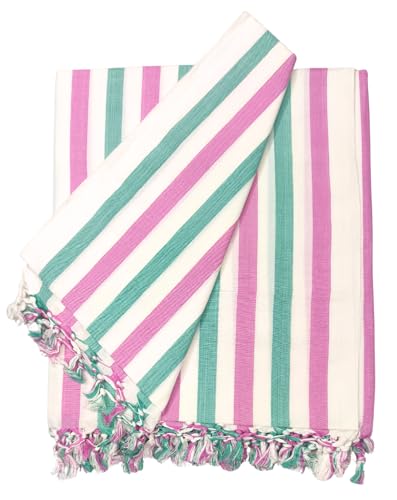 Image of Arvore Bunkaar Pure Handloom 100% Soft Desi Bamboo Viscose Soft Bhagalpuri Andi Chadar /Summer Blanket /Khes /Top Sheet /AC Blanket /Odhne wali Chadar (Pink White Green, Striped, 1, Bhagalpuri Chadar)