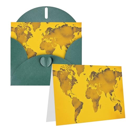 LHCVSFGW グリーティングカード イエローの世界地図 封筒付きブランクノートカード バースデーカード 6 x 4インチ 半折りウェディングカード パール紙 ニューイヤーカード おもしろサンキューカード あらゆる機会に