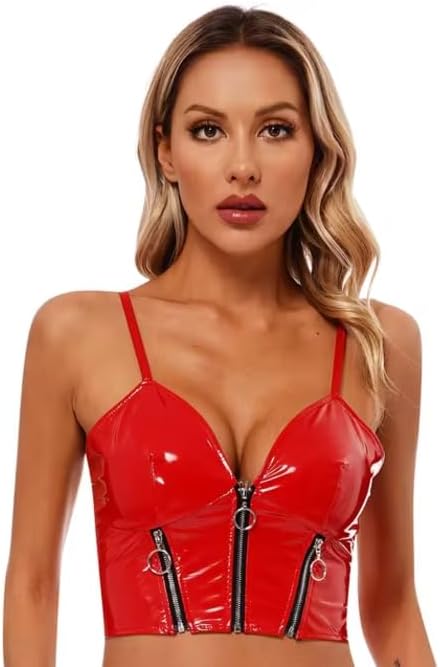 Womens Patent Leather Deep V Camisole Hot Tank Top Front Zipper Sling Short Vest Nightclub Dance Party Vest