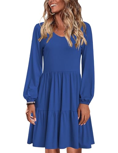 Zeagoo Kleid Damen Herbst Winter V-Ausschnitt Tunikakleid Loose Langarm Kleider Elegant Casual Winterkleid Knielang Freizeitkleid Blue M