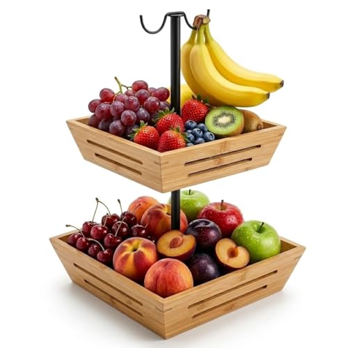 G.a HOMEFAVOR Soporte de bambú para Cesta de Frutas de 2 Niveles con Colgador para Plátanos, Canasta de Frutas Soporte de Almacenamiento de Verduras para encimera de Cocina, Color Natural