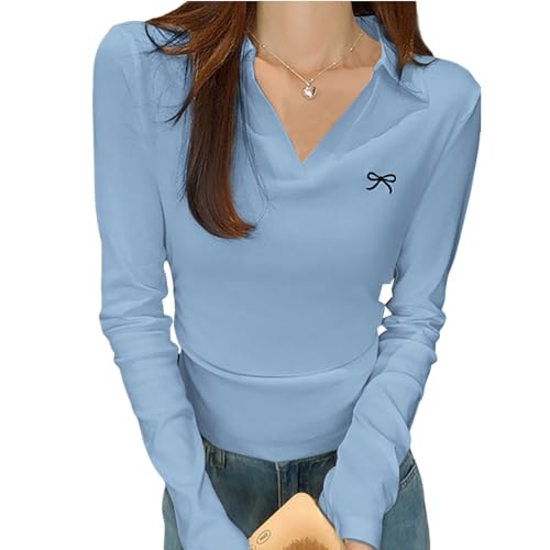 Polo manches longues col en V bleu taille S pour femme décontracté