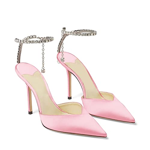 Image of LauraVicci Women's Heeled Sandals Crystal Chain Ankle Straps Rhinestones Buckle High Heels Stiletto Slip On Wedding Party Satin Dress Shoes