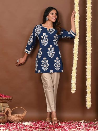 Image of Rimeline Women's Floral Printed Cotton Kurti Top | Round Notch Neck 3 /4 Sleeve Straight Fit Casual Tunic