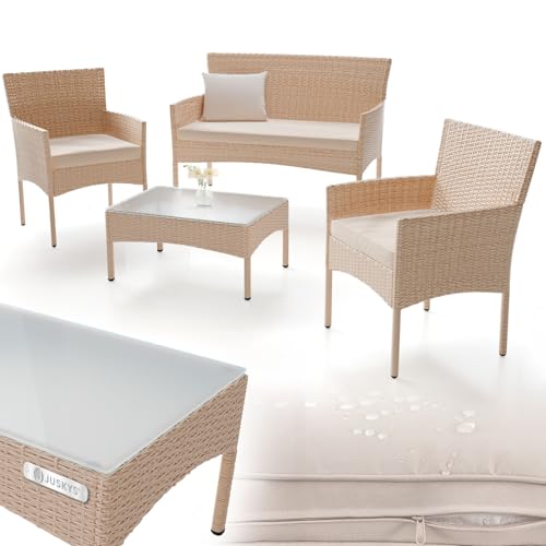 Juskys Salon de Jardin Fort Myers 4 Places en résine tressée avec canapé 2 Places 2 fauteuils Table Coussins mobilier extérieur Balcon