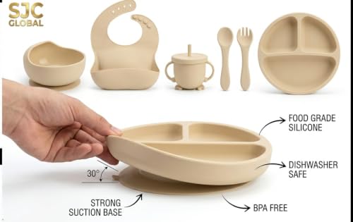 Image of SJC Global Silicone Baby Feeding Set Beige - 6 PCS Plate, Bowl, Spoon, Fork, Bib & Cup | Food‑Grade Silicone Tableware for Babies & Toddlers