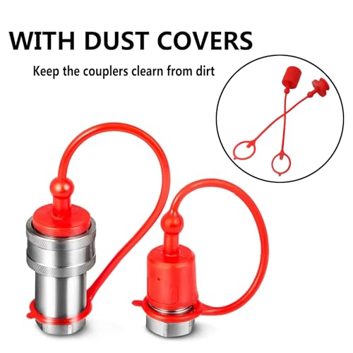 Image of Hydraulic Coupler Dust Cap Plug Set 3 /8 ISO-B 5675 AG,CEKER Hydraulic Dust Covers Male Female Quick Connects Fittings,Red Cap with Retention Ring Keeps Attached to Hose 2Set