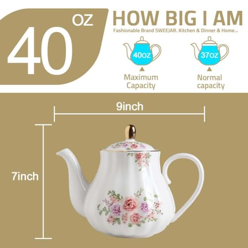 Image of Sweejar 40FLOZ Royal Teapot with Infuser,Porcelain Tea Pot(Rose)
