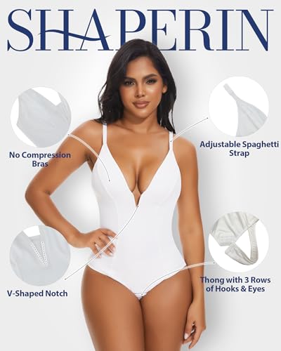 Image of SHAPERIN Bodysuit for Women Shapewear Tummy Control Deep V Neck Plunge Sleeveless Backless Thong Body Suit Tank Top