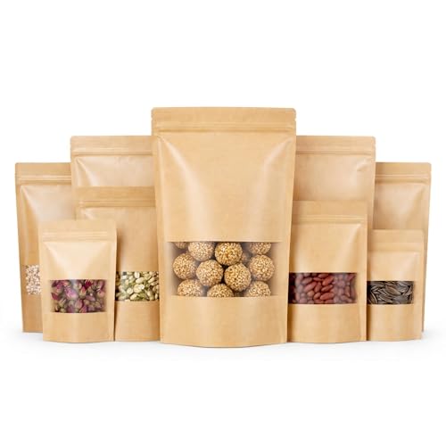SKY FLEXI PACK Brown Kraft Paper Zip lock Stand Up Pouches | 12x20 cm | 250gm | Pack of 25 | Food Grade Storage Bags with Transparent Window | Airtight Reusable for Dry Fruits, Snacks, Spices